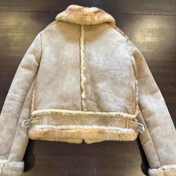 Shearling Trim Suede Jacket in Beige-Tan - Picture 8 of 8